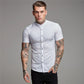 Summer Short Sleeve Shirt Solid Fitness Mens Stand Collar Super Slim Fit Business Dress Shirt Button Gym Tops