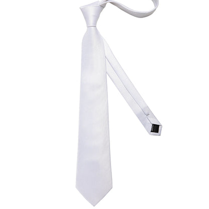 8cm Men Silk Tie White Solid Necktie Formal Wedding Party Ties Cufflinks Hanky Flower Brooch Gift Set - The Clothing Company Sydney