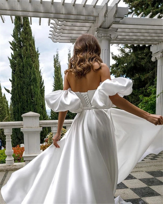 Removable Puff Sleeve Satin Wedding Dress High Slit Side A-line Simple Styles Bridal Dress with Court Train Dress The Clothing Company Sydney