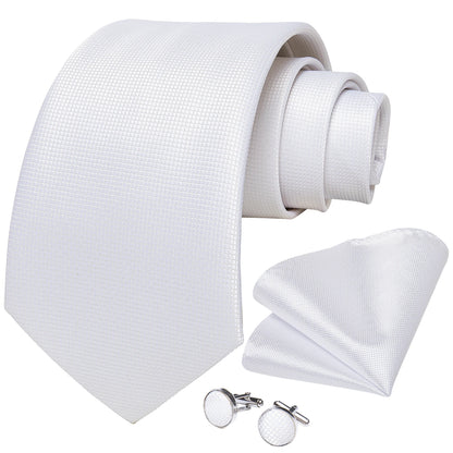 8cm Men Silk Tie White Solid Necktie Formal Wedding Party Ties Cufflinks Hanky Flower Brooch Gift Set - The Clothing Company Sydney