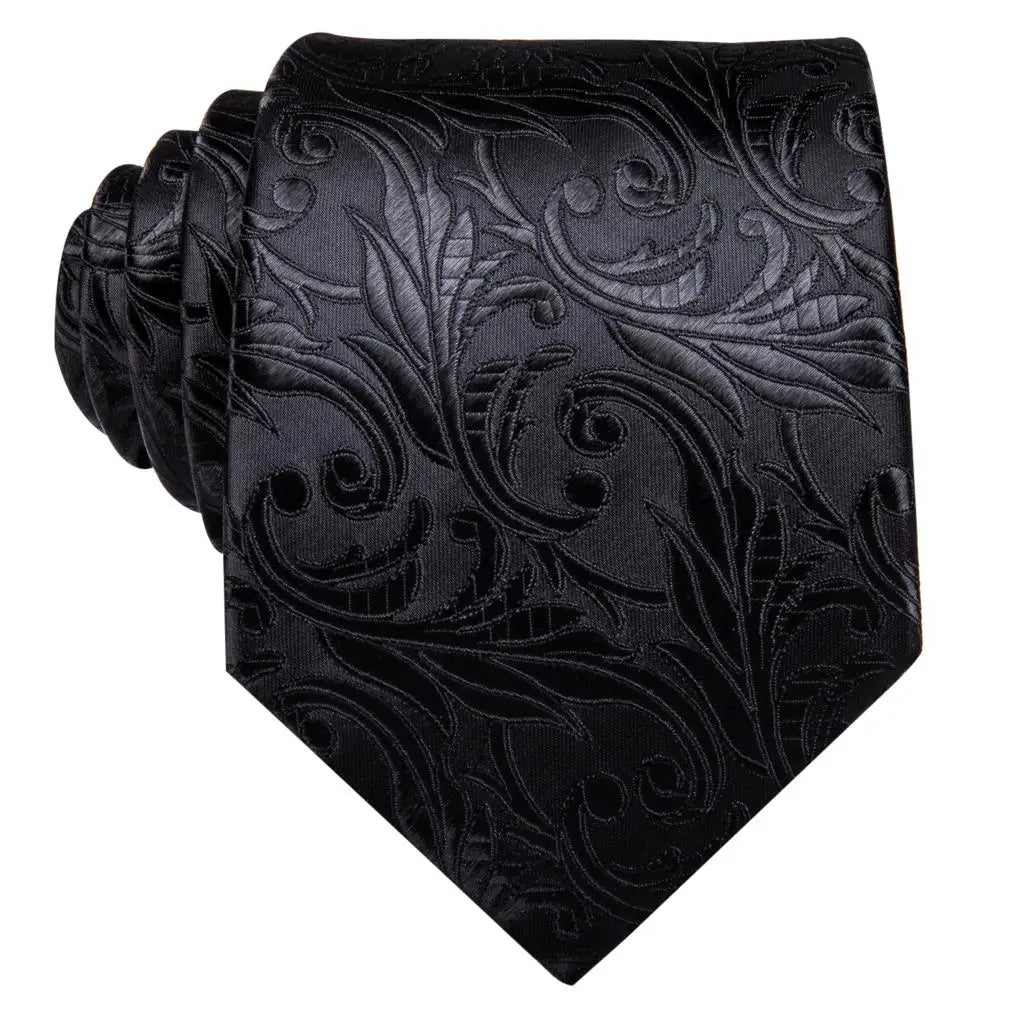 3 Piece Black Floral Silk Wedding Tie For Men Handky Cufflink Elegant Necktie Set For Men