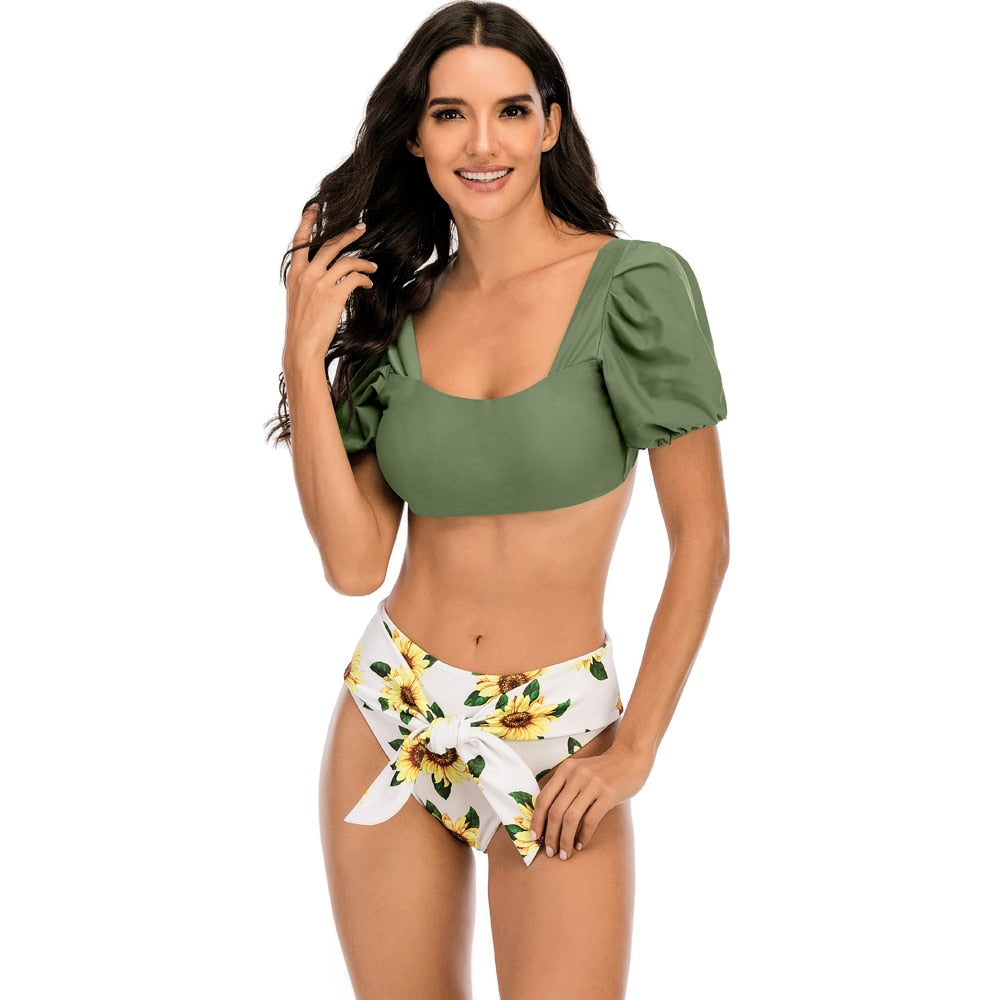 2 Piece Women Swimsuit Solid Colour Short Puff Sleeve Summer High Waist Cut Backless Bathing Suit Beachwear Bikini Set The Clothing Company Sydney