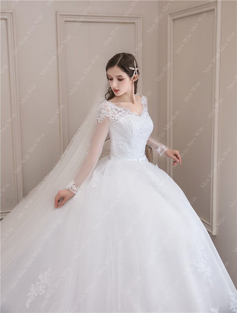 Luxury Full Sleeve V-neck Bride Dress With Train Ball Gown Princess Classic Wedding Gowns Wedding Dress The Clothing Company Sydney