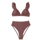 V-neck Ruffled High-waist Bikini Sets Swimsuit Women's Solid Brown Two Pieces Swimwear Beach Bathing Suits The Clothing Company Sydney