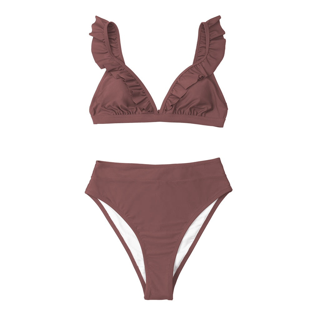 V-neck Ruffled High-waist Bikini Sets Swimsuit Women's Solid Brown Two Pieces Swimwear Beach Bathing Suits The Clothing Company Sydney