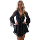 Hollow Out White Women's Mini Chiffon Semi-Sheer Plunge V-Neck Long Sleeve Crochet Lace Dress