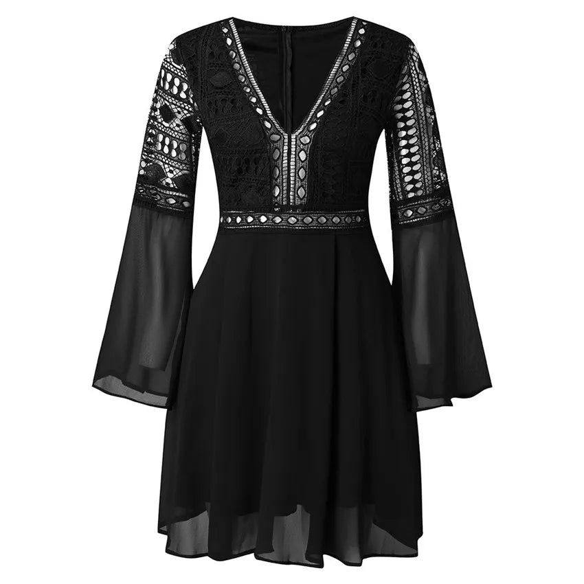 Hollow Out White Women's Mini Chiffon Semi-Sheer Plunge V-Neck Long Sleeve Crochet Lace Dress