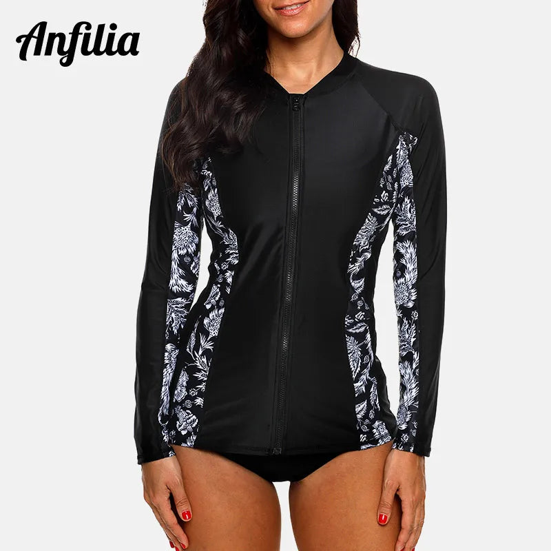 Women Long Sleeve Zipper Rashguard Top Floral Print Rush guard Swimwear Surfing UPF50+ Swimwsuit The Clothing Company Sydney