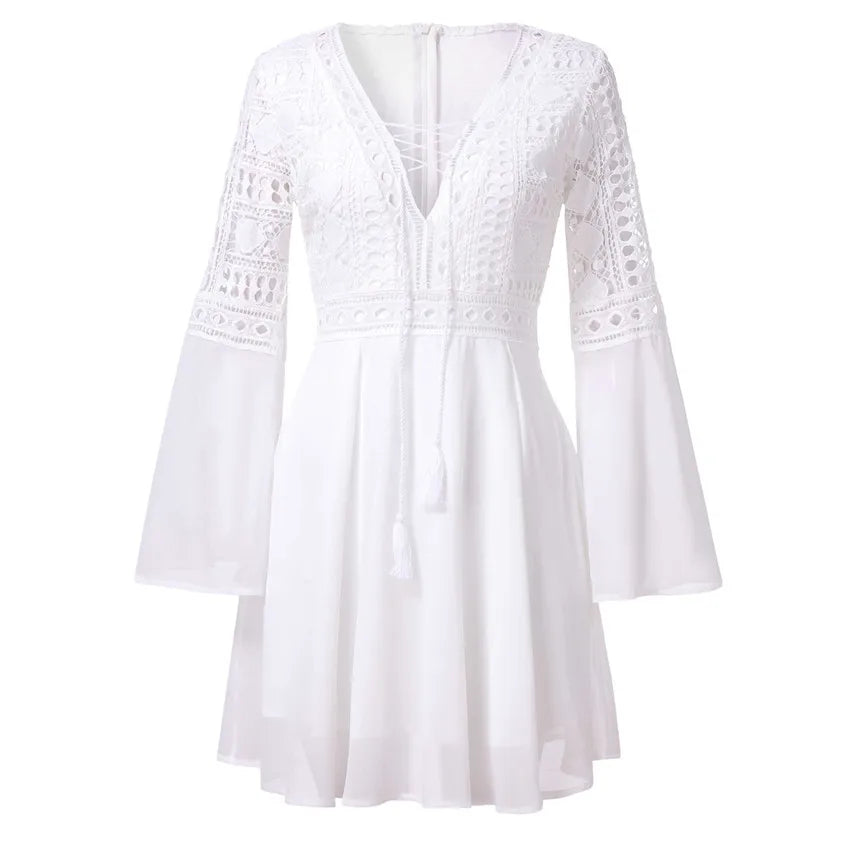 Hollow Out White Women's Mini Chiffon Semi-Sheer Plunge V-Neck Long Sleeve Crochet Lace Dress