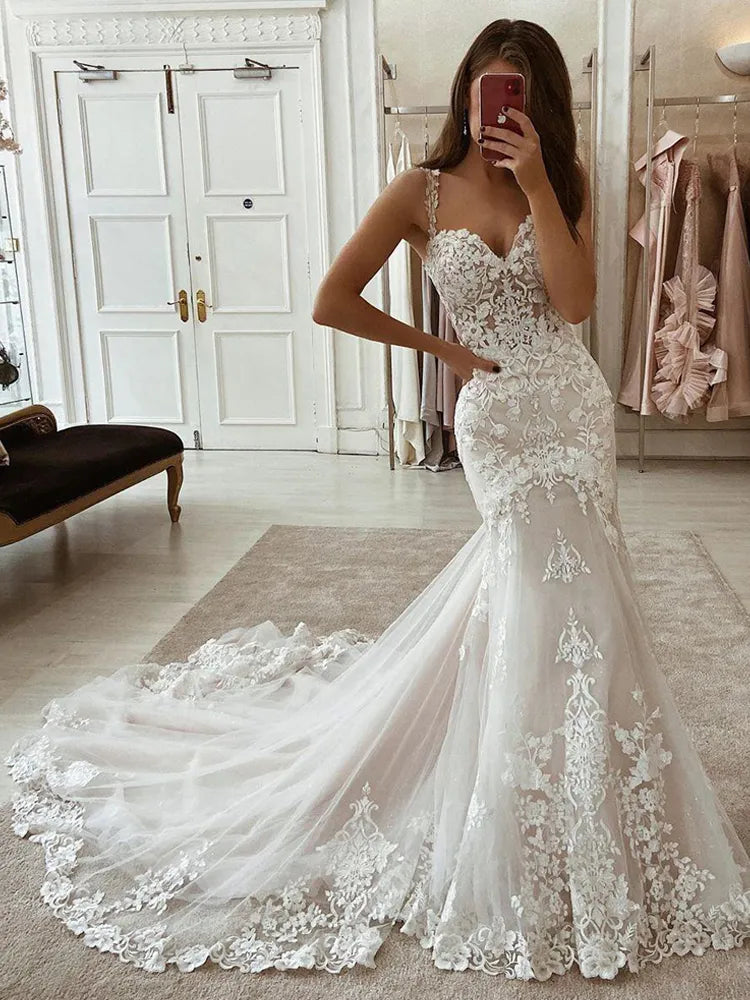 Ivory Mermaid Wedding Dresses Lace Appliques Tulle Bridal Gowns with Train Sweetheart Spaghetti Strap Vintage Gown The Clothing Company Sydney