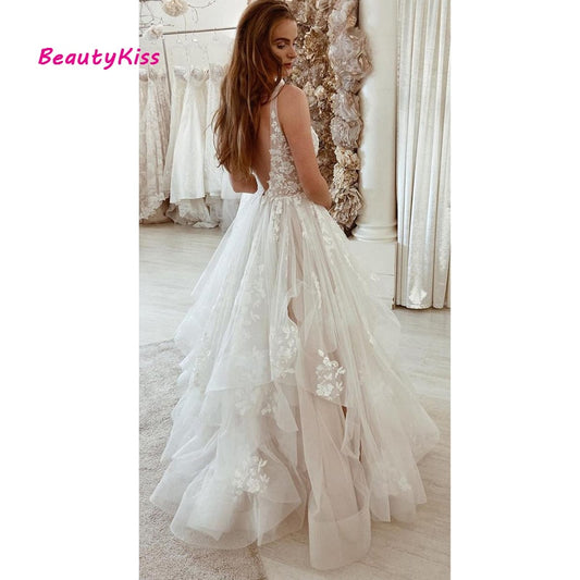 A-Line V-Neck Boho Wedding Dress Puffy Tulle Princess Bridal Dresses Plus Size Lace Appliques Backless Long Wedding Party Gowns The Clothing Company Sydney