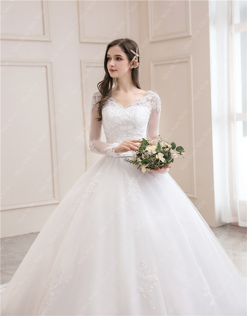 Luxury Full Sleeve V-neck Bride Dress With Train Ball Gown Princess Classic Wedding Gowns Wedding Dress The Clothing Company Sydney