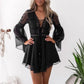 Hollow Out White Women's Mini Chiffon Semi-Sheer Plunge V-Neck Long Sleeve Crochet Lace Dress