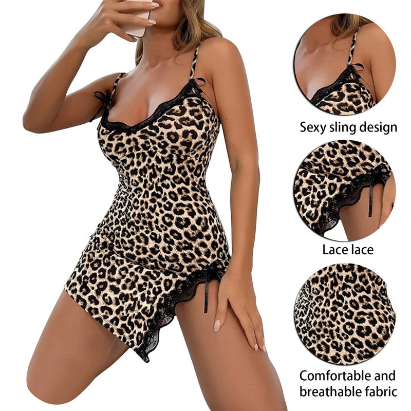 Women's Deep V Lace Nightdress Leopard Print Halter Nightdress Big Size Dress Home Clothes