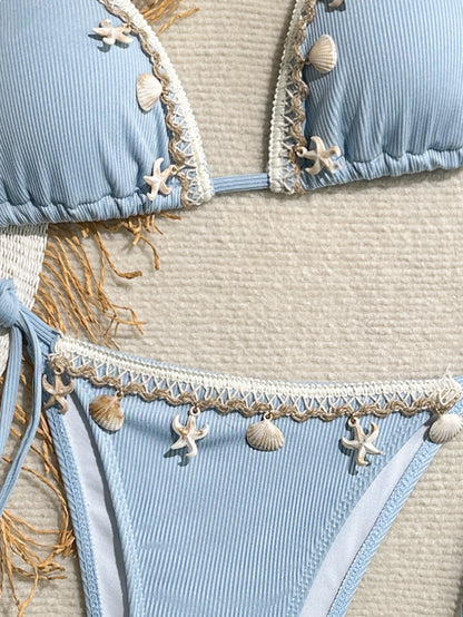 Shell Decoration Ribbed Bikini Women Swimwear Swimsuit Two-pieces Bikini Set Halter Strappy Bather Bathing Suit The Clothing Company Sydney