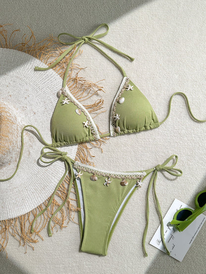 Shell Decoration Ribbed Bikini Women Swimwear Swimsuit Two-pieces Bikini Set Halter Strappy Bather Bathing Suit The Clothing Company Sydney