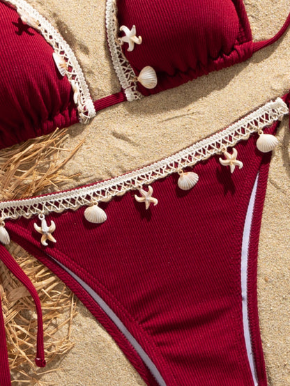 Shell Decoration Ribbed Bikini Women Swimwear Swimsuit Two-pieces Bikini Set Halter Strappy Bather Bathing Suit The Clothing Company Sydney