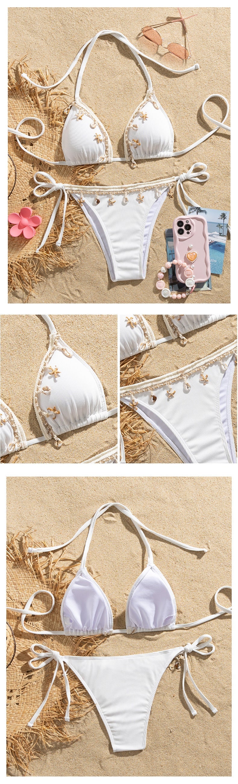 Shell Decoration Ribbed Bikini Women Swimwear Swimsuit Two-pieces Bikini Set Halter Strappy Bather Bathing Suit The Clothing Company Sydney