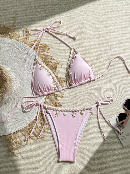 Shell Decoration Ribbed Bikini Women Swimwear Swimsuit Two-pieces Bikini Set Halter Strappy Bather Bathing Suit The Clothing Company Sydney