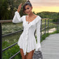 Backless Lace Up Slim Fit Mini Dress Women's Bell Sleeve Party Deep V High Waist Dress