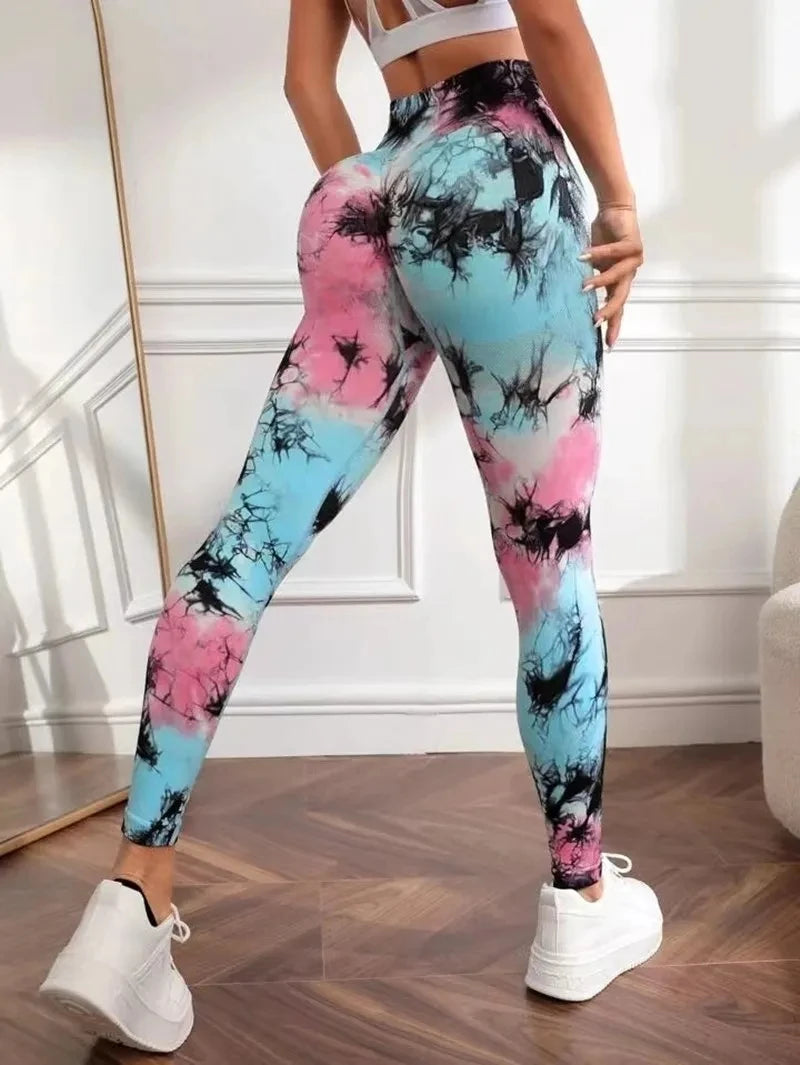 Women's 3D Print Tie Dye Sports Seamless High Waist Fitness Push Up Leggings Gym Clothing Workout Tights Pants