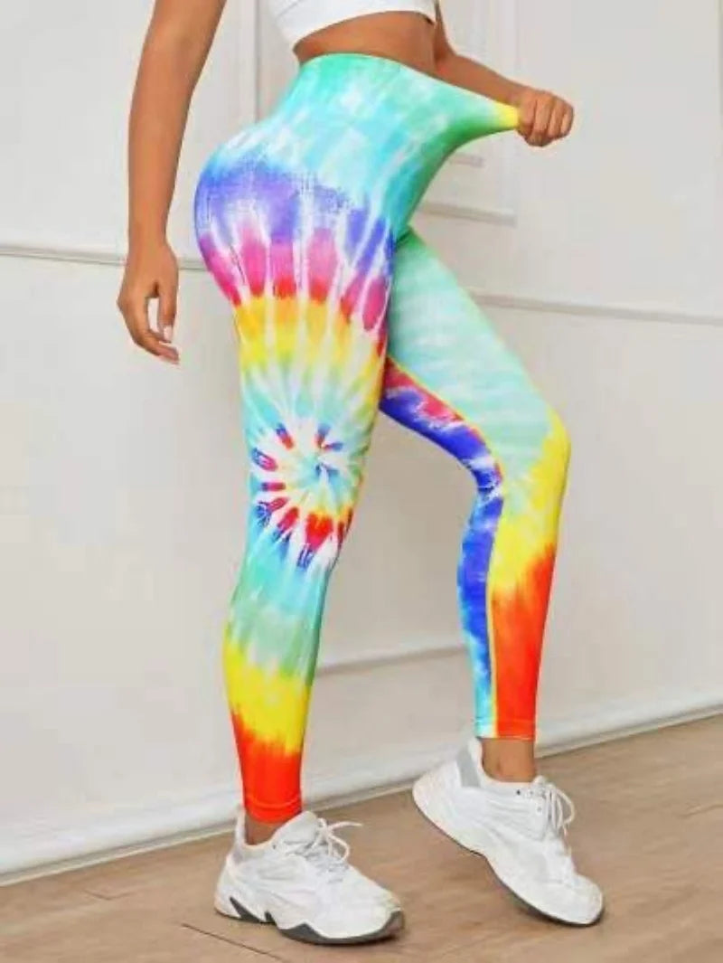 Women's 3D Print Tie Dye Sports Seamless High Waist Fitness Push Up Leggings Gym Clothing Workout Tights Pants