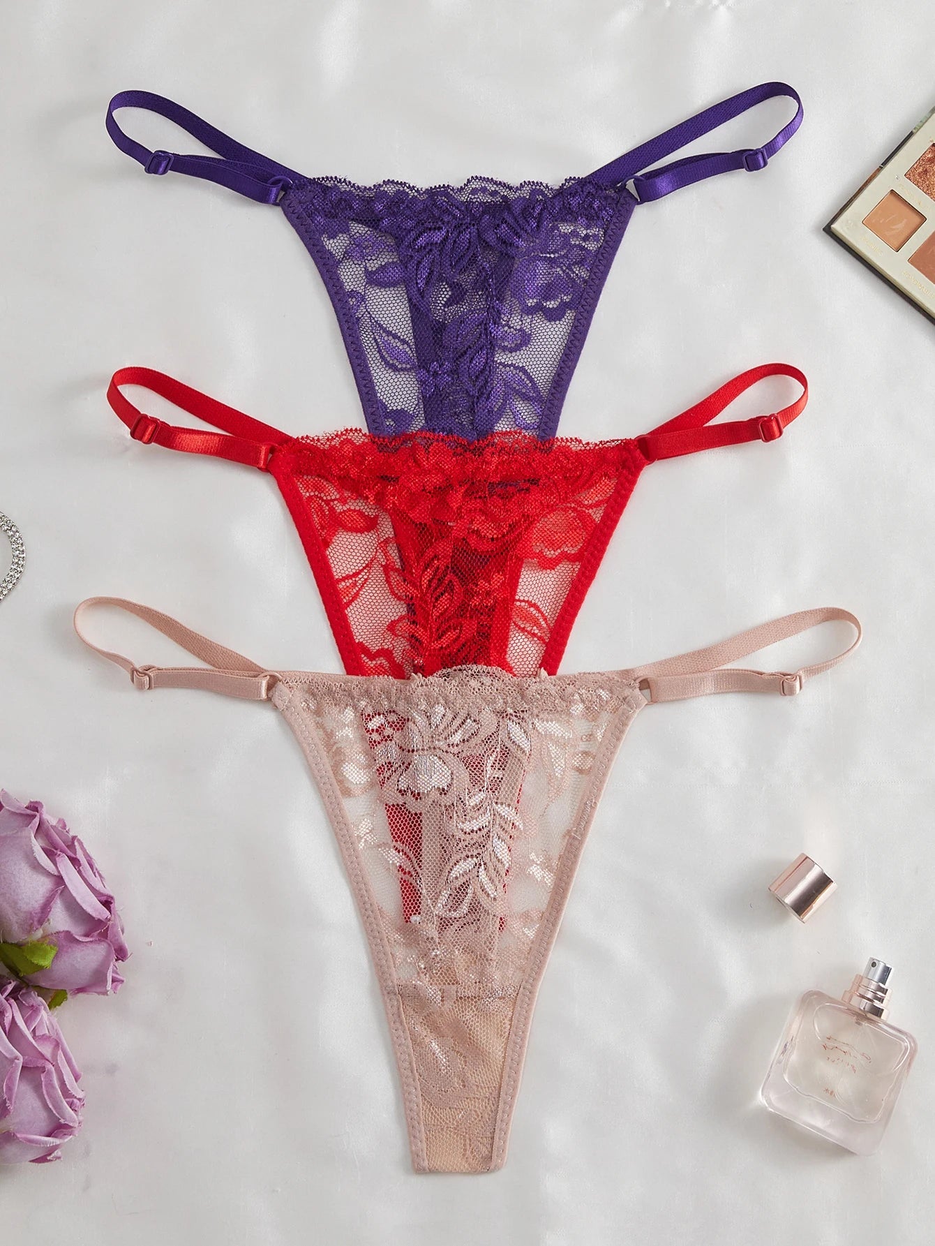 3 Pack Women's Lace Panties Underwear Adjustable Strap Floral Lace Sheer Mesh Thong G String The Clothing Company Sydney