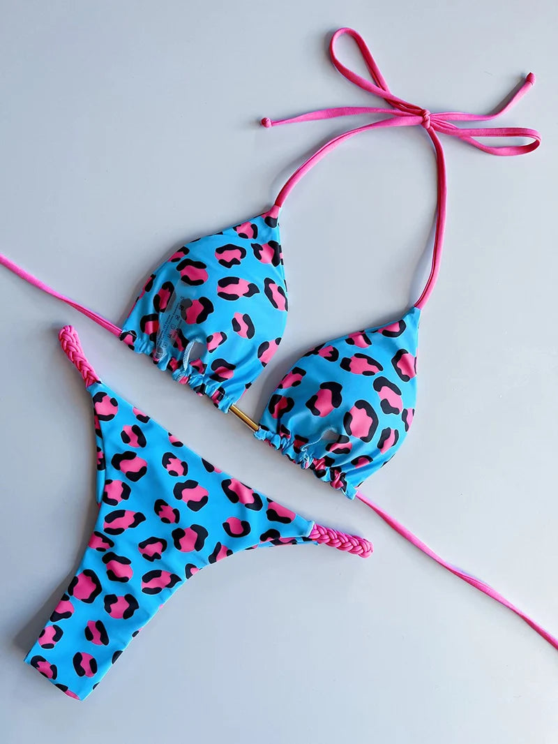 Women's Bikini Roped Swimsuit Set Split European And American Printed Beach Swimwear