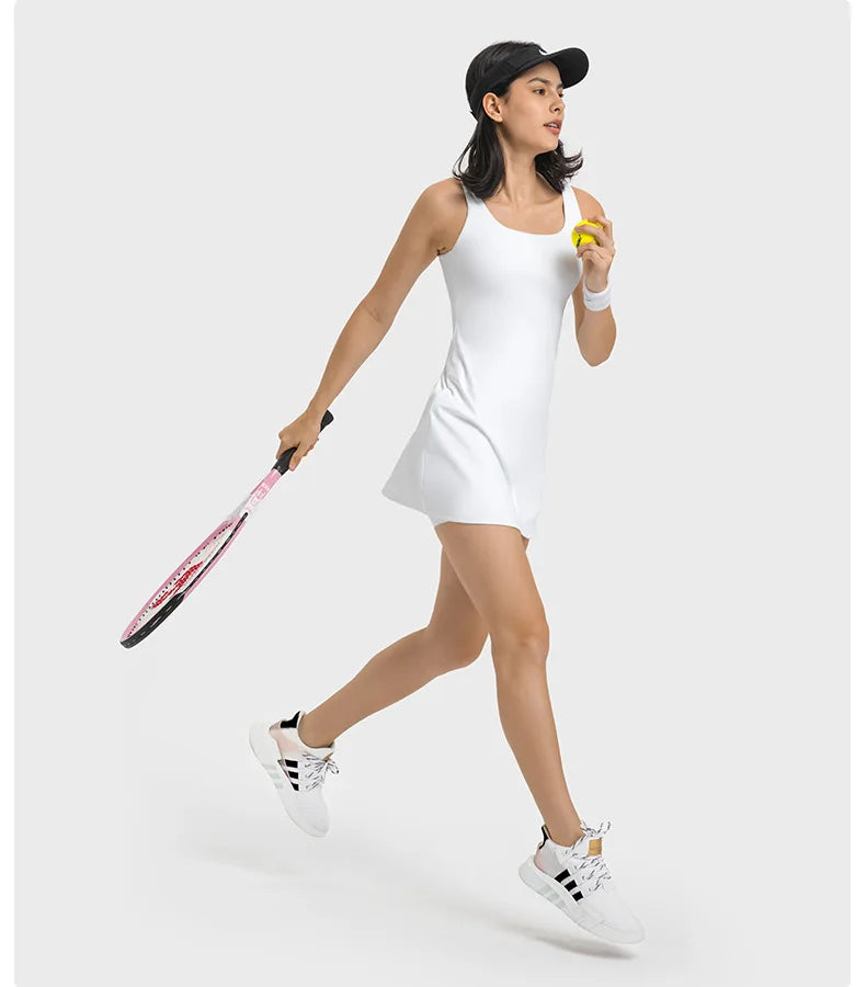 Square Neck Tennis Golf Dress Skirt Sleeveless Exercise Sport Dresses with Built In Shorts Pocket The Clothing Company Sydney