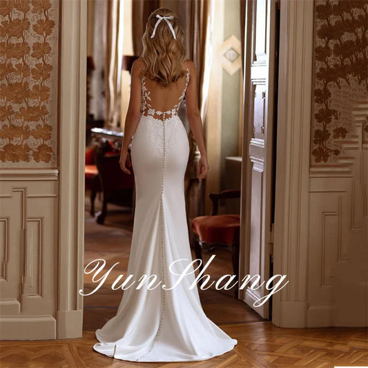 Elegant Mermaid Open Back V-Neck Lace Spaghetti Straps Bridal Gown Sweep Train Wedding Dressing Dress