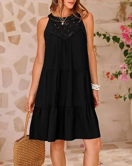 Hollow Lace Patchwork Halter Neck Women A Line Dress Summer Casual Solid Color Loose Beach Holiday Sundress The Clothing Company Sydney