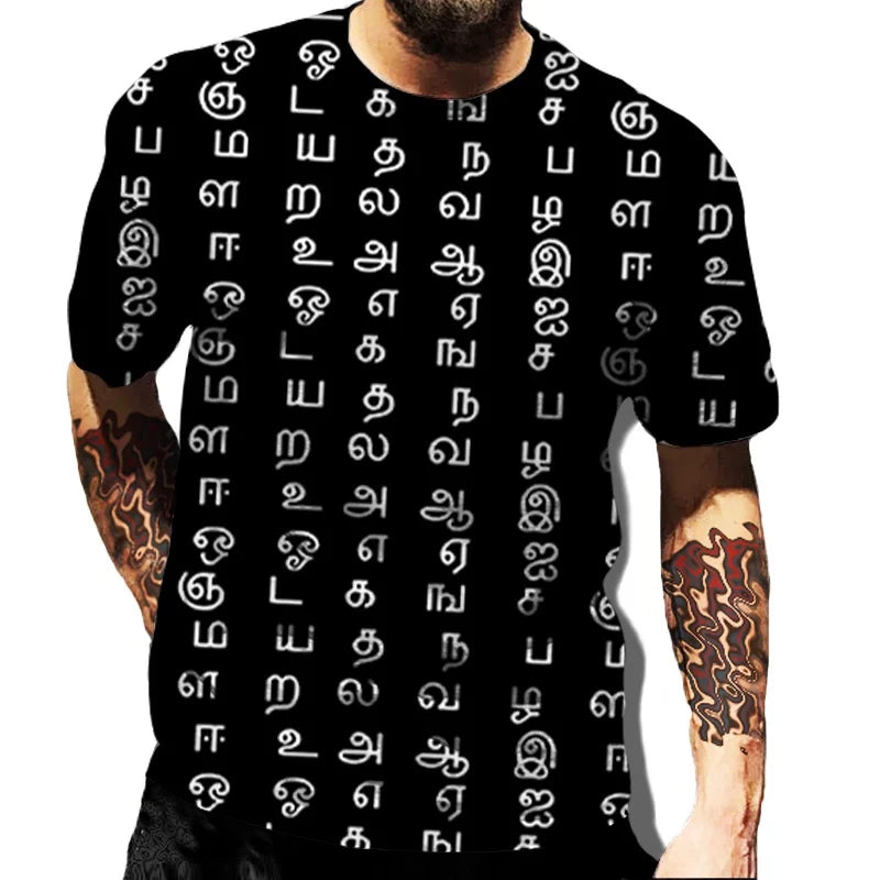 New Trend Casual Tamil Alphabet Men T-shirts Summer Fashion Personality Fun Short Sleeve Street Hip Hop Printed O-neck Short Sleeve Tees The Clothing Company Sydney