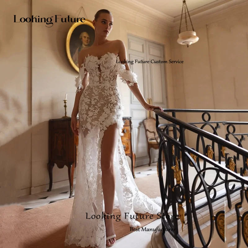 Ivory long sleeve mermaid wedding dress with lace appliques, high neck, pleats, side slit and sweep train
