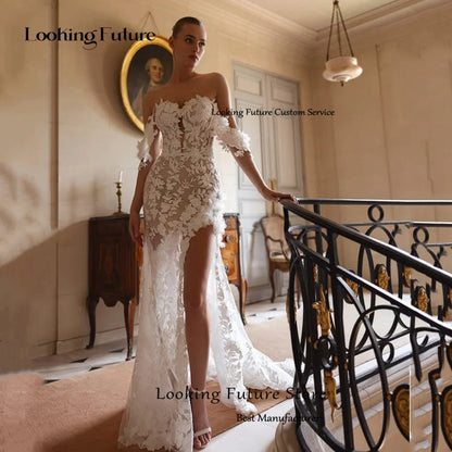 Ivory long sleeve mermaid wedding dress with lace appliques, high neck, pleats, side slit and sweep train
