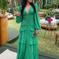 Women V-neck Lantern Long Sleeves Maxi Dress Elegant Patchwork Ruffles Hollow Lace Slim  Summer Dress