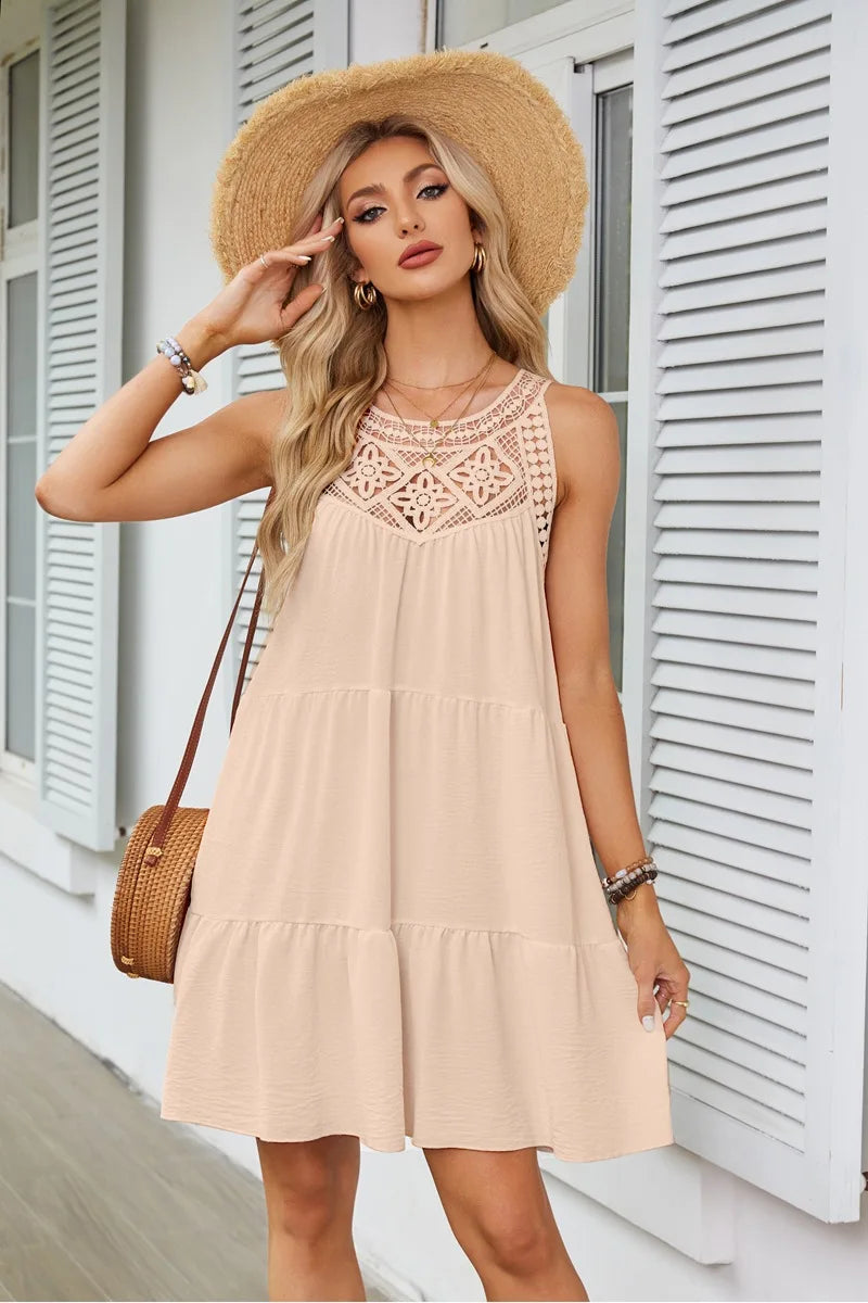 Hollow Lace Patchwork Halter Neck Women A Line Dress Summer Casual Solid Color Loose Beach Holiday Sundress