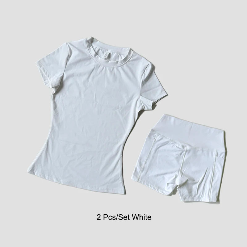 2 Piece Women's Sports Yoga Set Seamless Knitted Fitness Gym Clothes Sportswear Short Sleeve Crop Top Tracksuits Gym Bike Shorts - The Clothing Company Sydney