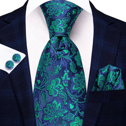 Green Paisley Silk Tie Set for Men – Necktie, Pocket Square & Cufflinks The Clothing Company Sydney