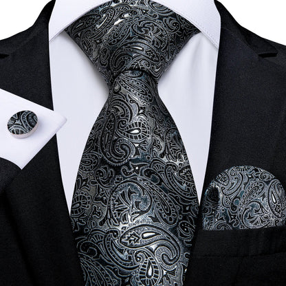Gray Paisley Silk Tie Set – Men’s Wedding Tie, Pocket Square & Cufflinks The Clothing Company Sydney