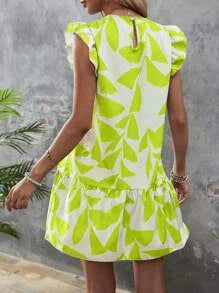 Lotus Leaf Print Ruffle Sleeve Short Dress