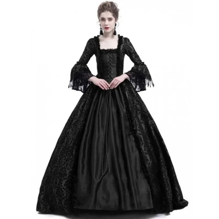 Medieval Victorian Court Lace Patchwork Gothic Halloween Witch Cosplay Party Costume Square Neck Flare Sleeve Maxi Dress