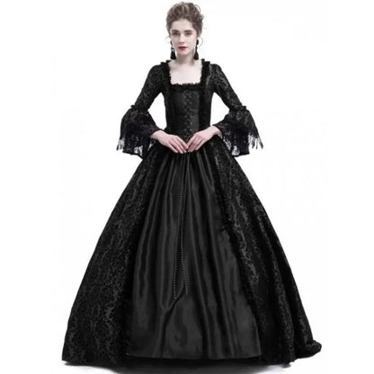 Medieval Victorian Court Lace Patchwork Gothic Halloween Witch Cosplay Party Costume Square Neck Flare Sleeve Maxi Dress