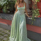 Flower Printed Slim A-line Sling Green Square Neck High Split Long Elegant Chic Evening Dress