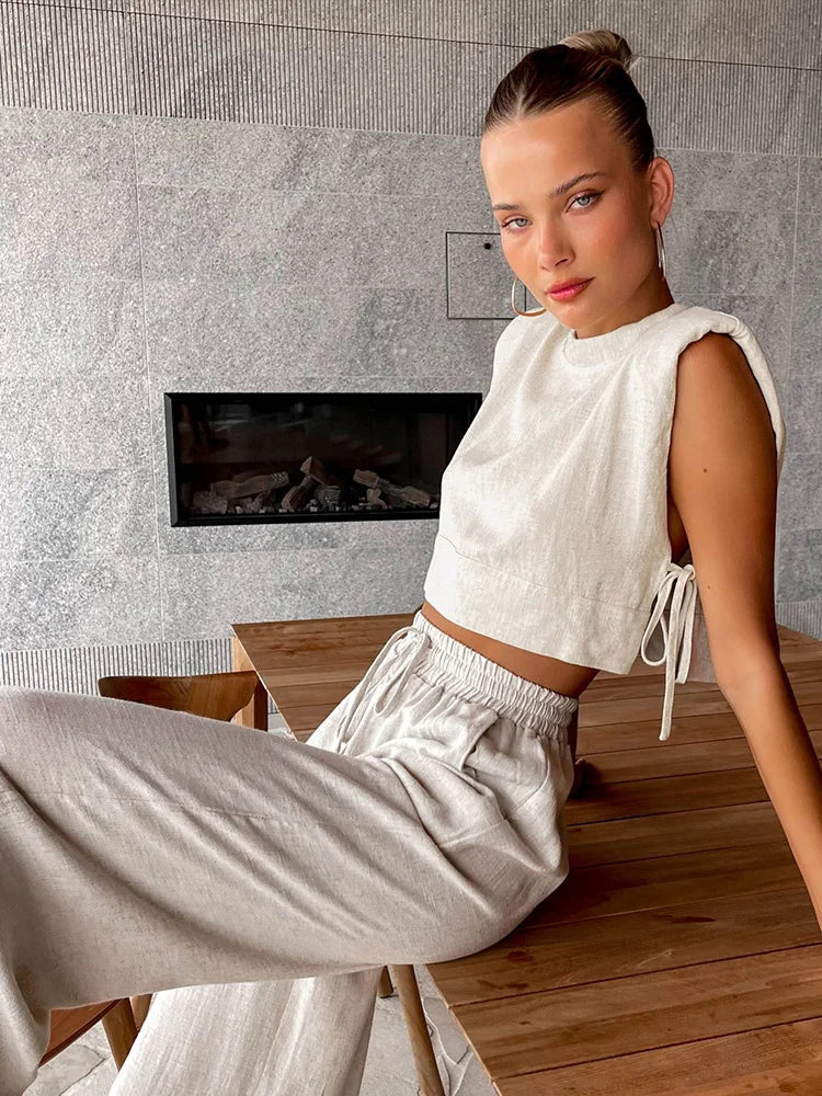 Spring Summer Holiday Linen Pant Set Crop Tops Solid Outfits 2 Two Piece Matching Outfit Set For Women The Clothing Company Sydney