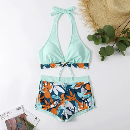 2 Piece Halter Bikini Set Shorts Swimsuit High Waist Swimwear Female Printed Bathers Swimming Bathing Swim Suit Beachwear