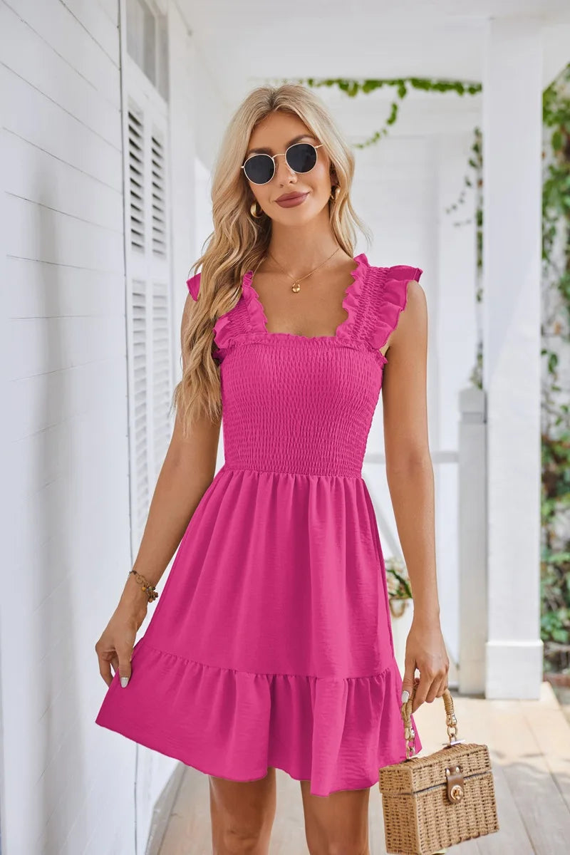 Womens Summer Casual Boho Sleeveless Backless Square Neck Smocked Ruffle Mini Dress A-Line Swing Sundress