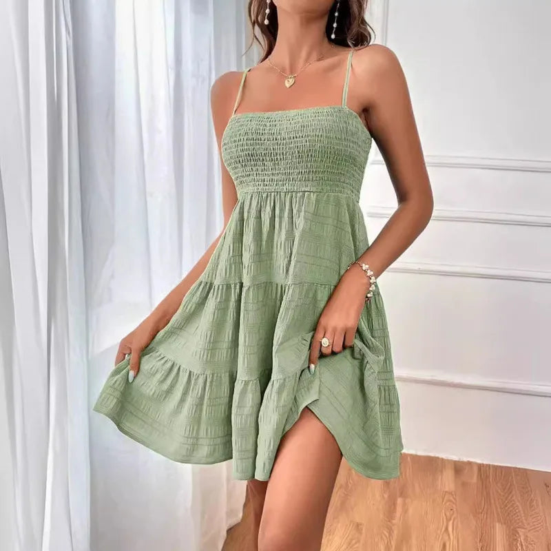 Spaghetti Strap Smocked Bustier Mini Dress Blue Ruffled Tiered Swing Dress Summer Casual Vacation Beach Wear The Clothing Company Sydney