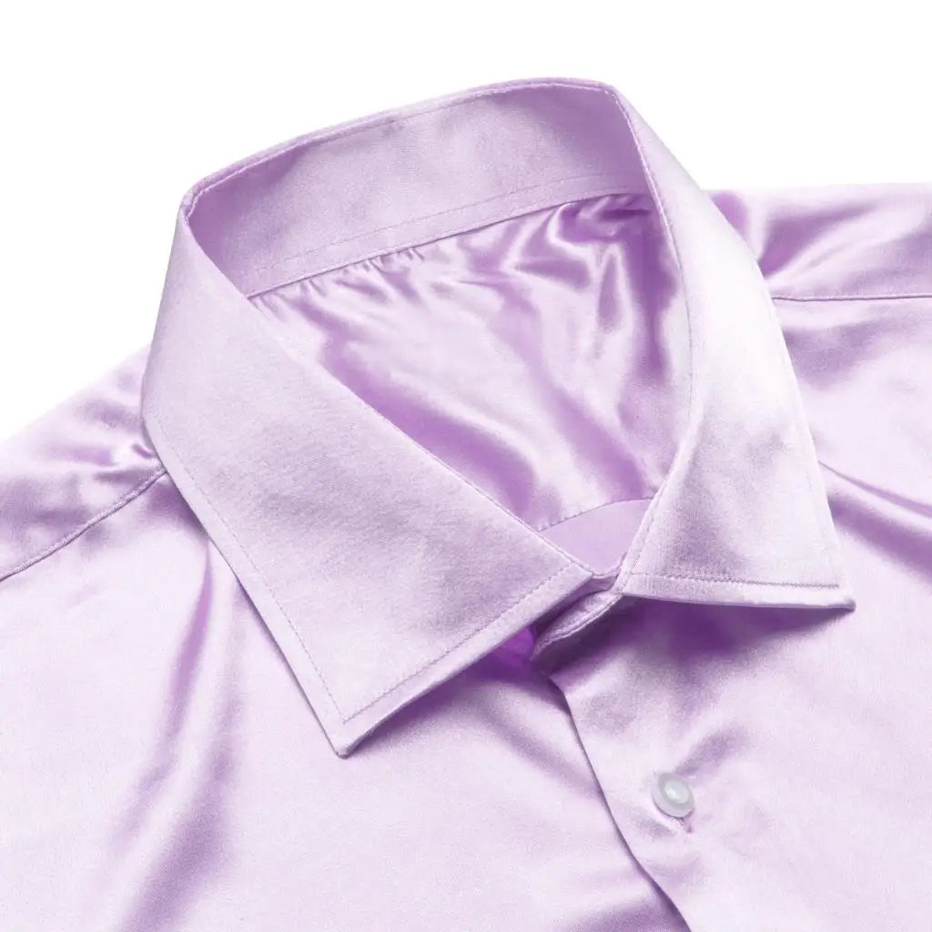Lilac Mauve Lavender Purple Silk Mens Shirts Luxury Lapel Long Sleeve Dress Shirt