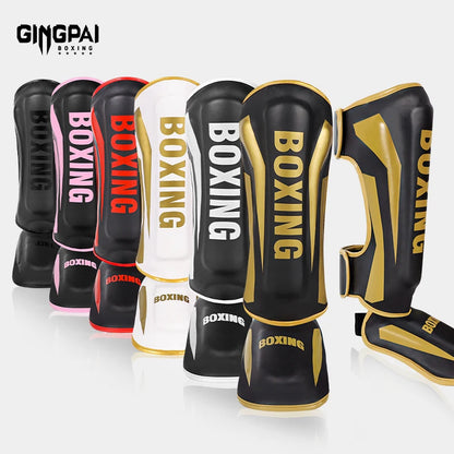 Muay Thai shin guards with foot and back protection for boxing, fighting, and taekwondo