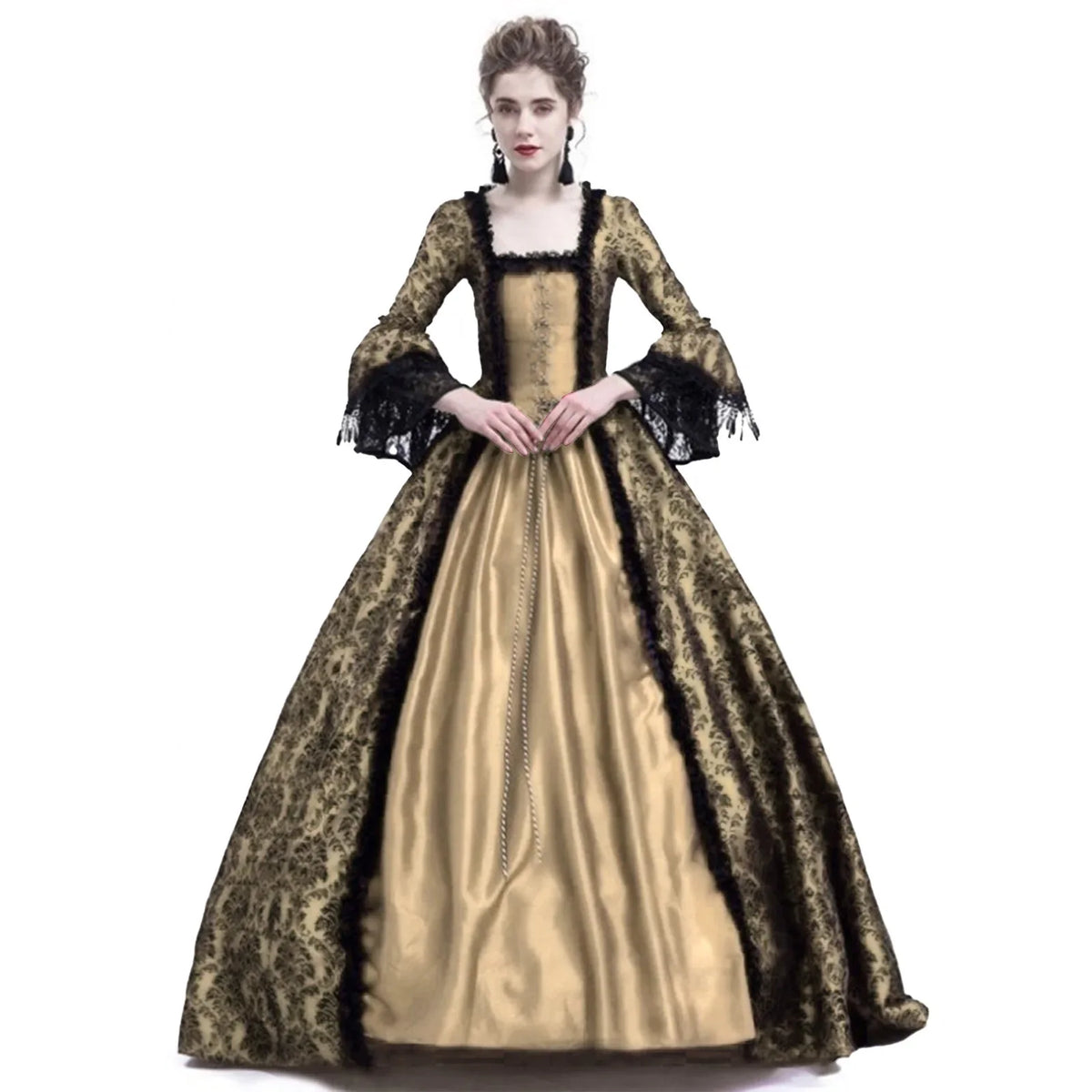 Medieval Victorian Court Lace Patchwork Gothic Halloween Witch Cosplay Party Costume Square Neck Flare Sleeve Maxi Dress